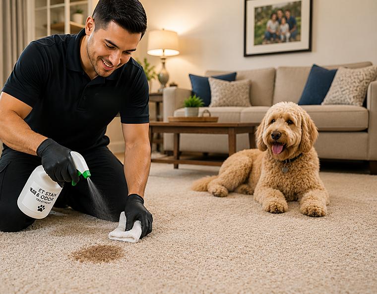 ABC Carpet Cleaning — pet stain and odor treatment on living room carpet in Hicksville, NY