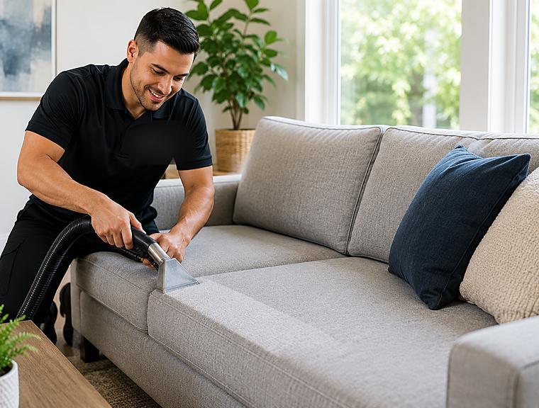ABC Carpet Cleaning — upholstery extraction on a fabric sofa in Hicksville, NY
